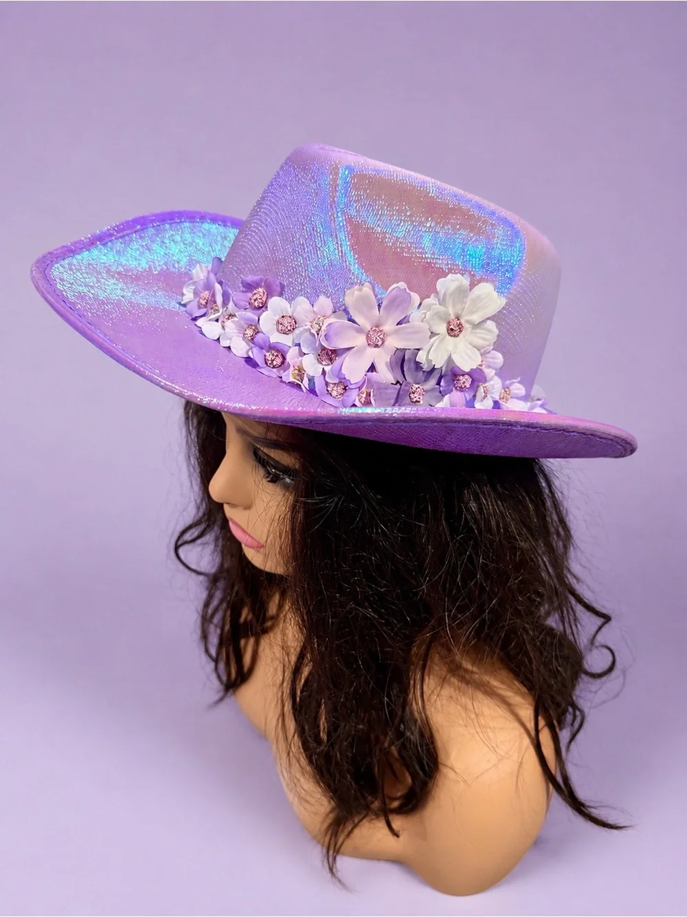 Iridescent Purple Cowboy Hat with Handmade Floral Hat Band